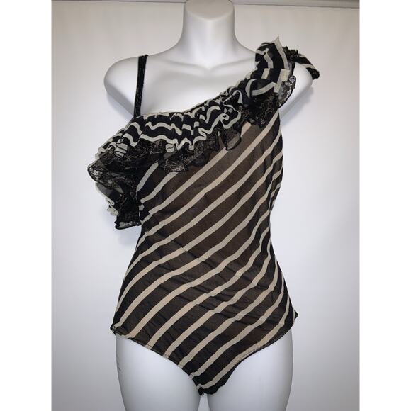 Jean Paul Gaultier Soleil Swimsuit 44 One Piece Mesh Striped Vintage - Picture 2 of 8